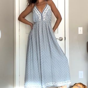 Lulu’s Criss Cross Tie Strappy Open Back Boho Floral Print Maxi Sun Dress